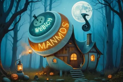 there is a small house with a lot of items around it,manger,manors,halloween poster,marionnaud,hanging moon,the haunted house,Photography,General,Natural