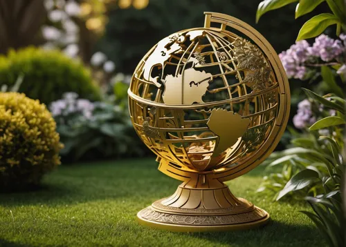 Craft an exquisite golden globe 3D model with intricate details and a peaceful garden as the backdrop.,yard globe,globe flower,terrestrial globe,armillary sphere,globe,globes,christmas globe,the globe