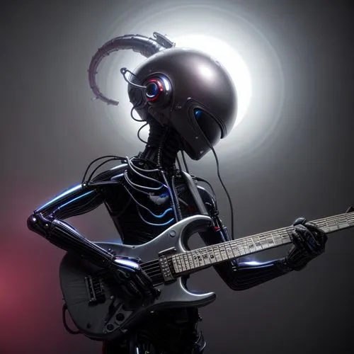 The alien robotic guitarist from the future in titanium inside his spaceship,guitar head,humanoid,alien warrior,electric guitar,streampunk,electric bass,cybernetics,random access memory,bass guitar,gu