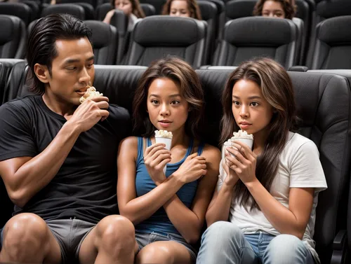 They are in a movie theater sitting together hugging and watching a movie.  They eat popcorn.,moviegoers,cinema seat,cinegrill,asiaticas,moviegoing,filmgoers,moviegoer,cambodians,prescreening,american