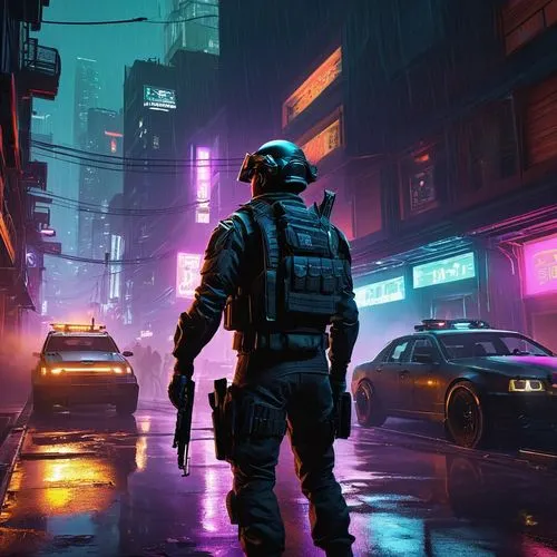 Valorant, PBR, futuristic cyberpunk cityscape, neon lights reflecting off wet asphalt, agents, Phoenix, Jett, Raze, Brimstone, solo, duo, squad, combat pose, guns drawn, tactical gear, Kevlar vests, g