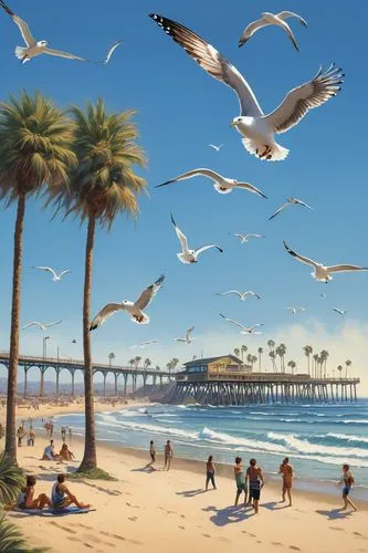 huntington beach,flying sea gulls,sea gulls,seagulls,surfliner,seagulls birds,newport beach,beach landscape,santa monica,silver gulls,seagulls flock,gulls,seaside resort,santa monica pier,venice beach,donsky,hueneme,beach scenery,oceanside,migratory birds,Illustration,Realistic Fantasy,Realistic Fantasy 06