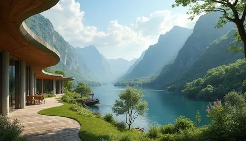 rivendell,fantasy landscape,river landscape,world digital painting,mountainous landscape,beautiful landscape,landscape background,house in mountains,house in the mountains,mountain landscape,obersee,nature landscape,amanresorts,mountainlake,fjord landscape,home landscape,paysage,bernese oberland,futuristic landscape,river view,Photography,General,Realistic