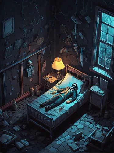 abandoned room,sleeping room,insomnia,cold room,one room,rooms,bad dream,room,sci fiction illustration,blue room,the little girl's room,nightstand,sleepless,dormitory,attic,a dark room,nightlight,abandoned,bedroom,empty room,Unique,3D,Isometric