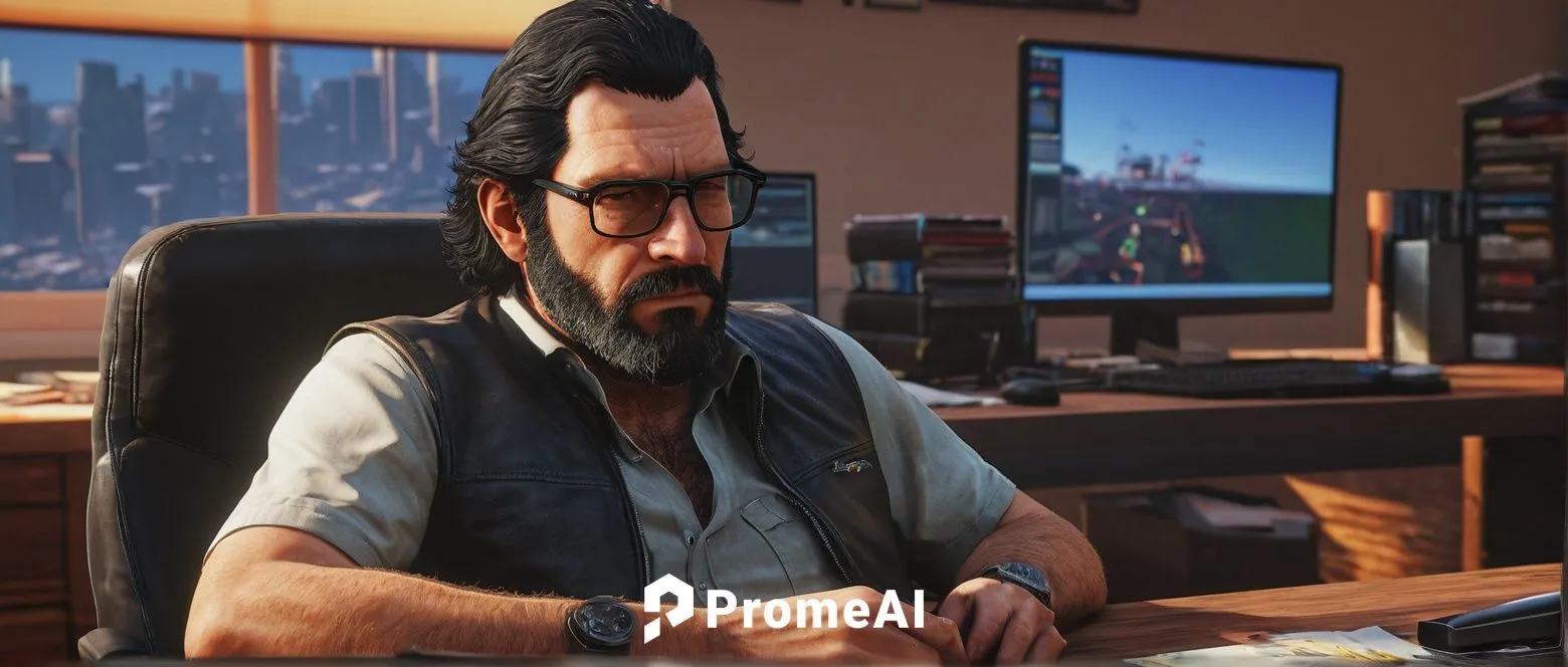 Rockstar Games founder, Dan Houser, middle-aged man, casual wear, black hair, glasses, beard, serious facial expression, sitting, office desk, papers scattered, computer monitor showing GTA 6 gameplay