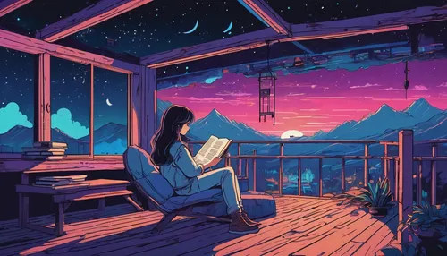 stargazing,summer evening,girl studying,falling stars,listening to music,dream world,reading,evening atmosphere,the night sky,hideaway,night sky,fireflies,digital nomads,astronomer,study room,nightsky,starlight,romantic night,spaces,aesthetic,Illustration,Japanese style,Japanese Style 06