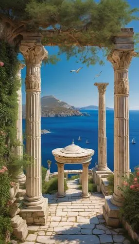 Ancient Greek temple, Aegean architecture, white marble columns, ornate carvings, blue domed roof, surrounding lush greenery, blooming flowers, stone pathway, tranquil atmosphere, warm sunny day, soft