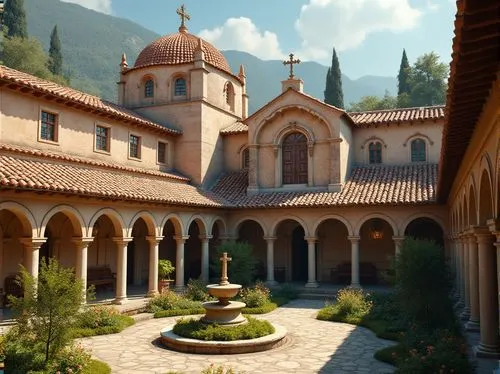 Majestic monastery rooftops, rustic terracotta tiles, curved Mediterranean arches, ornate stone carvings, intricate mosaic patterns, golden crosses, weathered wooden beams, aged copper accents, lush g