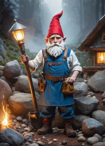 Rocky terrain, whimsical gnome, artificer, male, 30s, short beard, pointed red hat, blue overalls, leather apron, goggles on forehead, holding a pickaxe, standing near a wooden workbench, surrounded b