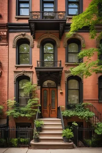 Brownstone Brooklyn architecture, historic building, ornate details, grand entrance, stoop, iron railings, brick facade, bay windows, mansard roof, greenery, ivy climbing walls, sunny afternoon, warm 