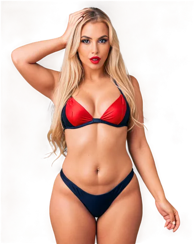 Sexy woman, bikini, curvy figure, standing pose, hands on hips, seductive expression, bright red lipstick, heavy eyeliner, long blonde hair, golden tan skin, sparkly eyes, belly button piercing, high 