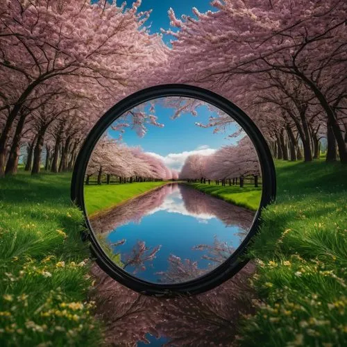 mirror in the meadow,nature background,circle around tree,spring background,porthole,water mirror,Photography,General,Fantasy