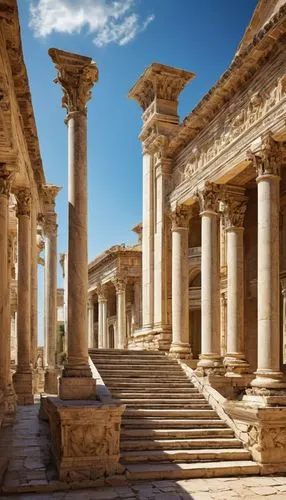 Ancient Greco-Roman architecture, grandiose building, marble columns, ornate carvings, Roman arches, detailed stone sculptures, majestic statues, vibrant frescoes, intricate mosaics, towering pillars,