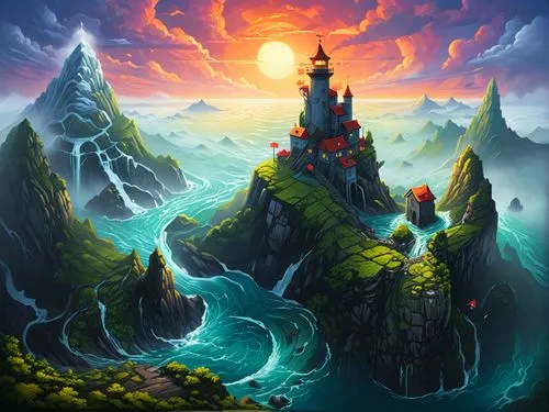 this illustration shows the landscape of a fantasy mountain town in the ocean,fantasy landscape,fantasy picture,fantasy art,knight's castle,3d fantasy,dragonstone,Illustration,Realistic Fantasy,Realis