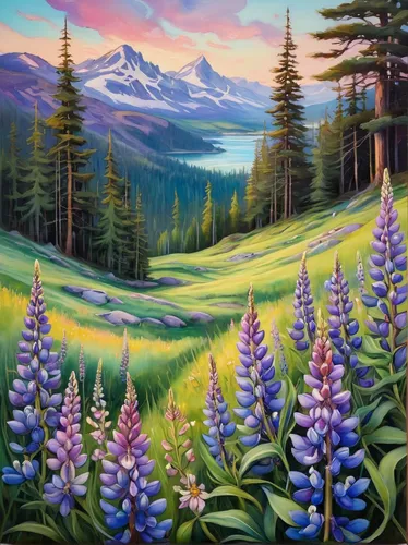 Create a tranquil landscape painting featuring lupines in a vibrant meadow.,lupines,salt meadow landscape,mountain meadow,mountain scene,alpine meadow,alpine meadows,purple landscape,mountain landscap