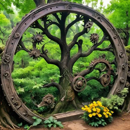 celtic tree,tree of life,japanese garden ornament,circle around tree,garden door,fairy door,the japanese tree,garden decor,dharma wheel,magic tree,flourishing tree,semi circle arch,old wooden wheel,ornamental tree,druidism,laurel clock vine,oak tree,enchanted forest,round arch,wooden wheel,Conceptual Art,Fantasy,Fantasy 25