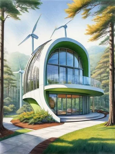 Futuristic solarpunk house, modern villa, sustainable architecture, green roof, solar panels, wind turbines, curved lines, metallic materials, transparent glass walls, minimalist interior design, smar