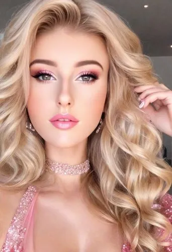 Beautiful blonde lady, Instagram model, filters, glitzy, phone selfie, Sherri Hill cerise dress, bling, false nails, false eyelashes, vivid makeup, red lips, metallic eyeshadow, wavy long blonde hair 