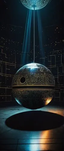 Glowing disco ball, surrounded by dark space, Death Star-inspired design, metallic surface, intricate details, flashing lights, ominous atmosphere, futuristic setting, distant stars twinkling, eerie s