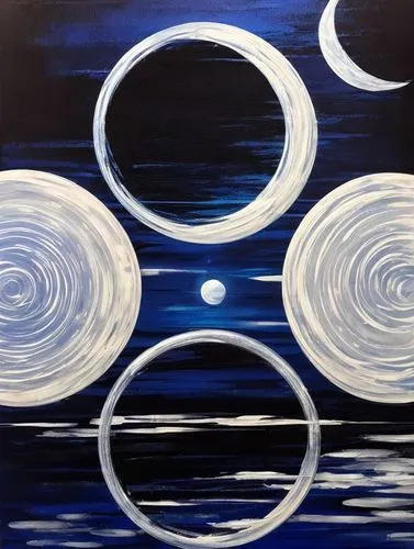 Three moons, blue sky, acrylic paint, simple strokes, abstract art style, white moon in the center of two moons, dark blue background, white and silver color scheme, dreamy atmosphere, reflection on w