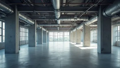 empty interior,factory hall,commercial air conditioning,groundfloor,empty factory,commercial hvac,lofts,daylighting,ductwork,industrial hall,warehousing,unfurnished,prefabricated buildings,bureaux,warehouse,offices,large space,empty hall,warehouses,office buildings,Photography,General,Realistic