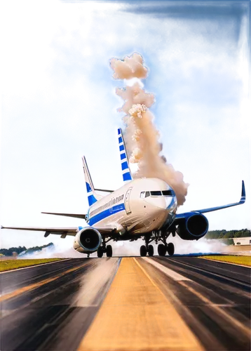 Commercial airliner, Boeing 737, white body, blue stripes, taking off, rolling on runway, wheels retracting, flaps extending, engines roaring, smoke trailing, morning sunlight, low angle shot, dramati