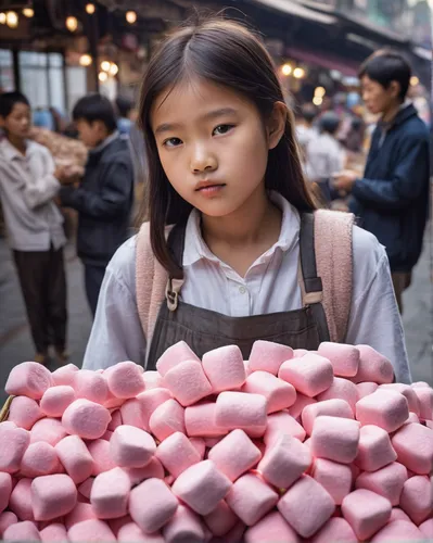 Create a heartwarming story about a young girl who sells Chinese rose marshmallows in a bustling city market.,chinese rose marshmallow,little girl in pink dress,sakura mochi,girl with bread-and-butter