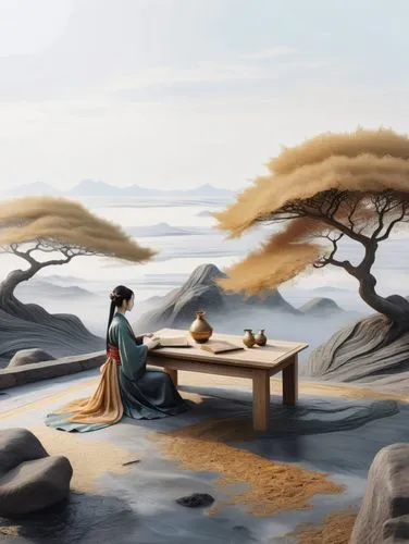 in a surreal landscape, three-dimensional brushstrokes of ancient Japanese art can be seen showcasing the beauty and texture of the raw materials. The air is thick with the scent of fresh herbs, and a