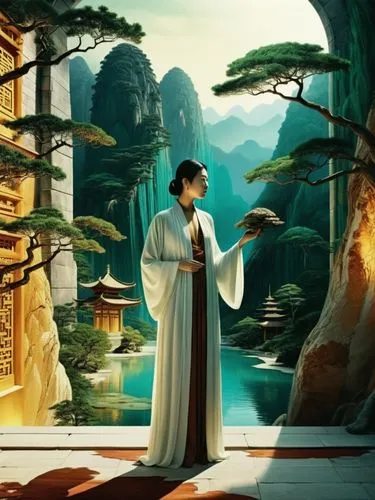 In a surreal landscape, a woman dressed in a white robe stand tall, holding a gold lacquer in her hand. The painting depicts a serene forest filled with green plants and lush greenery, that contrasts 