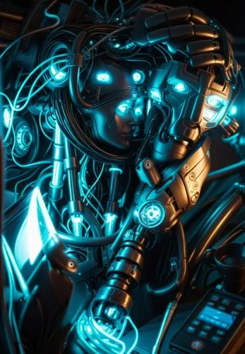 a robot wearing headphones with a keyboard,cybernetic,cybersmith,cyberdog,cybernetically,cyberman,bioshock,Conceptual Art,Sci-Fi,Sci-Fi 09