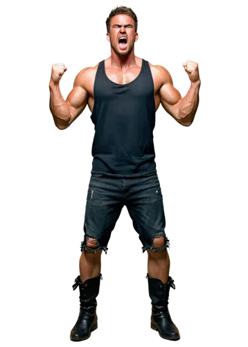 Angry muscular man, screaming, open mouth, sharp teeth, messy short hair, sweat on forehead, red face, veins bulging out, intense eyes, strong arms raised, clenched fists, black tank top, ripped jeans