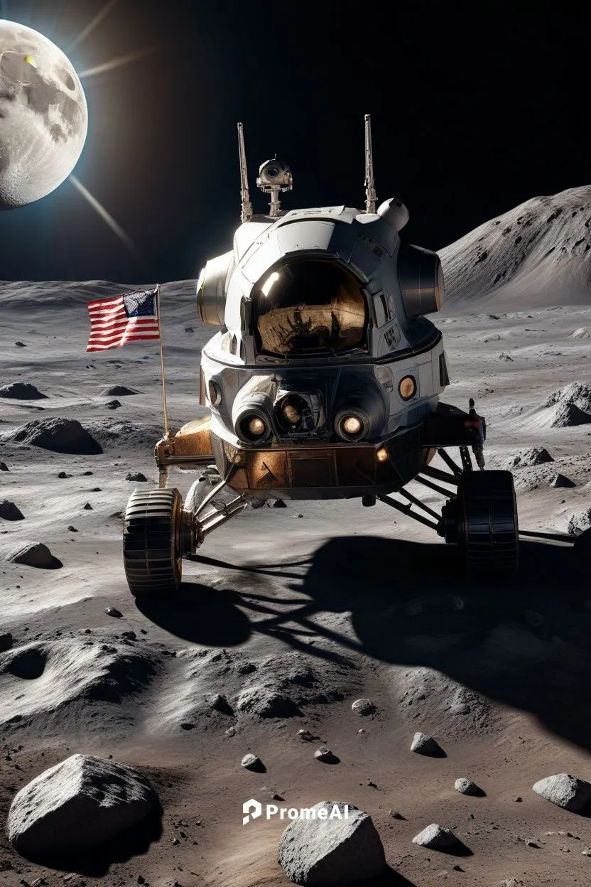 a space module landing on the surface of a planet, 8k highly detailed, photorealistic, cinematic lighting, dramatic, epic scale, realistic space shuttle, moon rover, astronaut walking on the moon, Ame