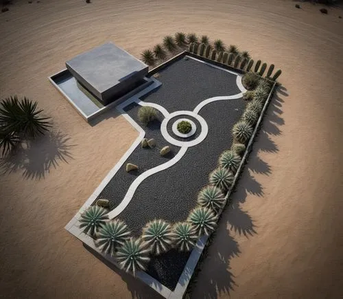 farm , path ways , sand all around ,a rendering of a desert garden that includes a lot of greenery and an open space,landscapre desert safari,helipad,desert,deserticola,desert desert landscape,desert 