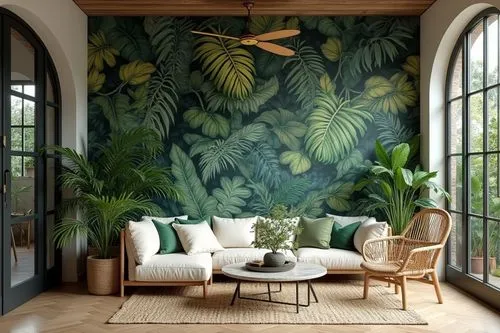 gournay,tropical greens,fromental,tropical leaf pattern,philodendrons,tropical jungle