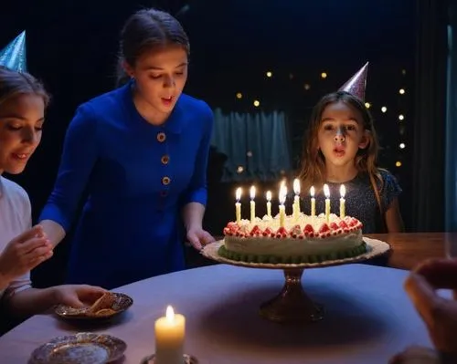 Девочка задувает свечи на торте, друзья аплодируют ей,three girls gathered around a birthday cake with lit candles,birthday template,celebration of witches,menorah,divali,miniaturist,candlestick for t