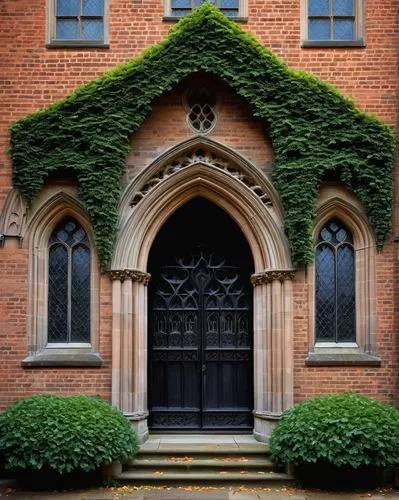 Rugby School, Gothic Revival style, historic architectural building, brick façade, pointed arch windows, tall spire, grand entrance, stone carvings, ivy climbing walls, autumn leaves, cloudy sky, warm