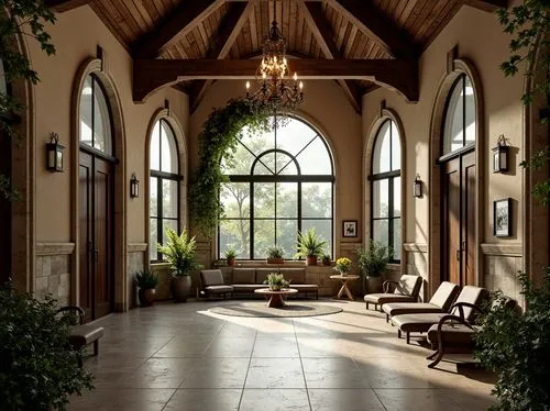 Grand clinic entrance, Gothic arches, stone carvings, stained glass windows, natural wood accents, reclaimed wooden beams, earthy tone brick walls, lush greenery, hanging vines, ornate metalwork, intr