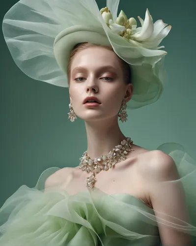 Fashion design, a model have porcelain liked white skin, sheer tulle fabric, outlandish silhouettes, wearing stylish jewels, Tim Walker photography, 8K, high quality, atmosphere light, model full body