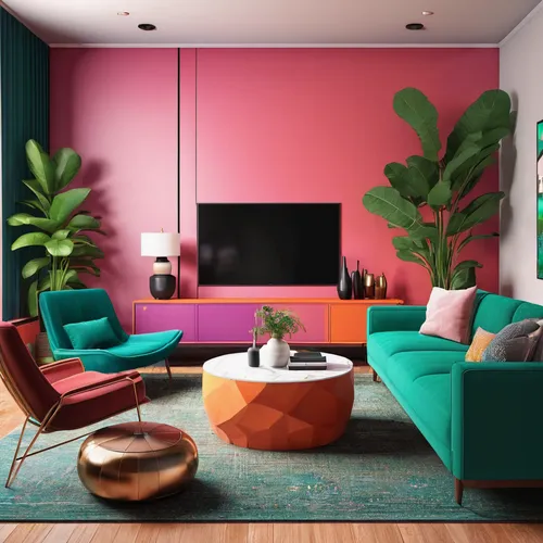 Design a modern living room with bold colors and sleek furniture,modern decor,apartment lounge,livingroom,living room,modern living room,pink vector,contemporary decor,vibrant color,mid century modern