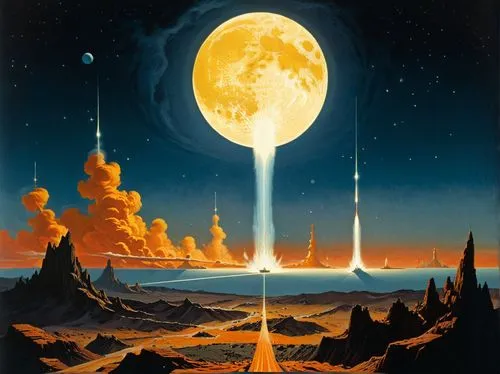 lunar landscape,earth rise,space art,fire planet,hildebrandt,phase of the moon,Conceptual Art,Sci-Fi,Sci-Fi 16