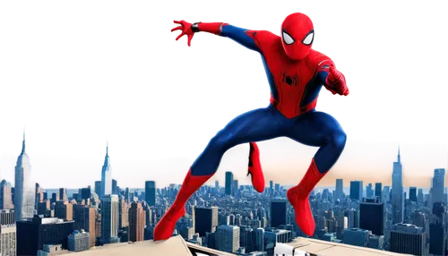 Spider-Man, solo, (20yo), red and blue full-body spandex suit, web shooters on wrists, messy brown hair, bright eyes with determination, muscular physique, standing hero pose, city skyscraper backgrou