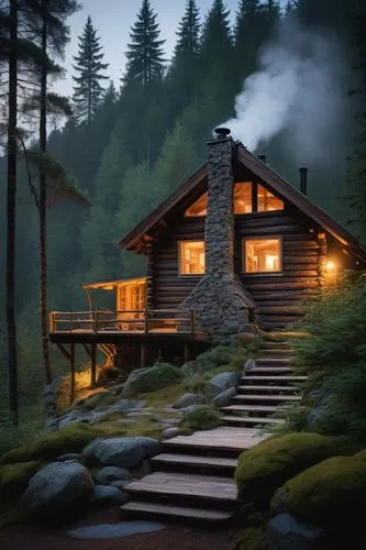 Rustic cabin, wooden structure, sloping roof, chimney, stone foundation, surrounded by tall trees, forest environment, warm lighting, cozy atmosphere, wooden deck, outdoor furniture, nature-inspired d