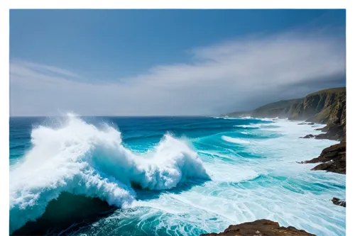 Seaside scenery, ocean wave sounds, crashing waves, white foam, turquoise water, rocky coast, misty atmosphere, dramatic lighting, low-angle shot, wide-angle lens, vibrant blue tone, cinematic composi