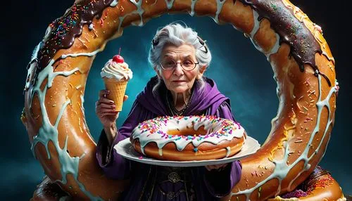 a giant doughnut with ice cream and chips 

,kanelbullar,donut illustration,cruller,grandma,grama,koeksister,granny,donut,doughnut,woman holding pie,papa rellena,king cake,grandmother,chanukah,doughnu