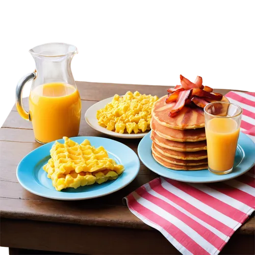 Breakfast food, assorted, colorful, vibrant, morning light, shallow depth of field, warm color tone, cinematic composition, pancakes, waffles, scrambled eggs, bacon strips, fresh fruits, orange juice,