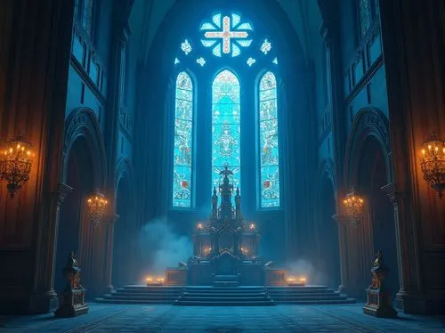 Cerulean blue, ornate, gothic architecture, stained glass windows, intricate mosaics, grand cathedral, solemn atmosphere, soft warm lighting, subtle divine glow, sacred symbols, lavish decorations, re