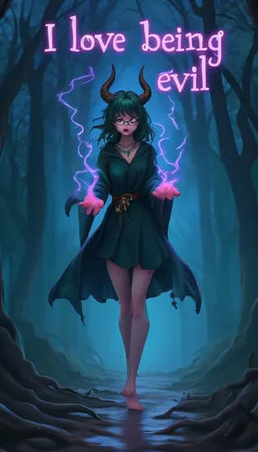 An evil girl walks with sparking purple magic while purple puddles bubble at her feet. Glowing purple lettering above pulses.,a woman in a witch costume standing on the sidewalk with the words i love 