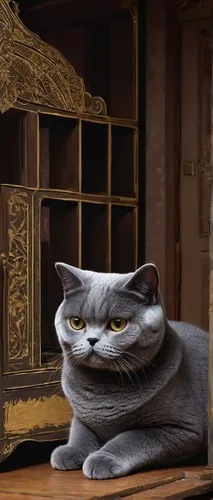 Create a suspenseful scene where a British Shorthair investigates a mysterious noise in an old, creaky house.,chartreux,gray cat,boast,napoleon cat,gray kitty,cat image,cat frame,rex cat,cat,russian b