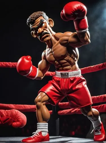 Rocky, muscular man, sweaty, intense facial expression, cauliflower ears, nose bleeding, bruised eyes, boxing gloves, red boxing shorts, white sneakers, dramatic lighting, spotlight shining down, dark