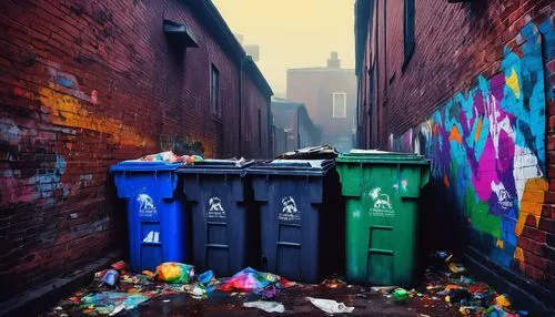 Urban alleyway, trash scattered all over, polka dot patterns on a torn garbage bag, colorful splatters of paint on a dirty brick wall, old rusty dumpsters, broken glass bottles, ripped cardboard boxes